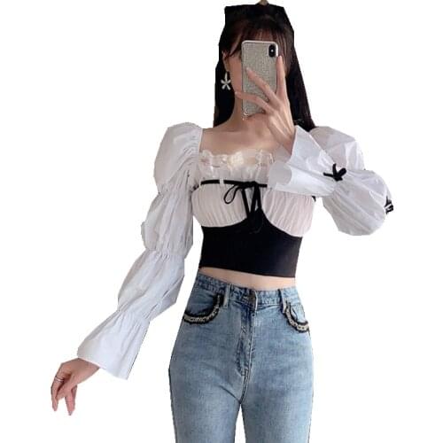 New 2020 Autumn Ladies Style Long Flare Sleeve Slash Neck Strapless Black White Patchwrok Crop Top Women Vintage Tops