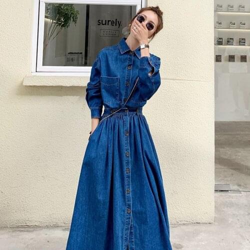 Spring Long Denim Dress Women 2021 Fashion Autumn Long sleeve Turn down collar Slim Ladies Dress Single breasted Casual Clothing