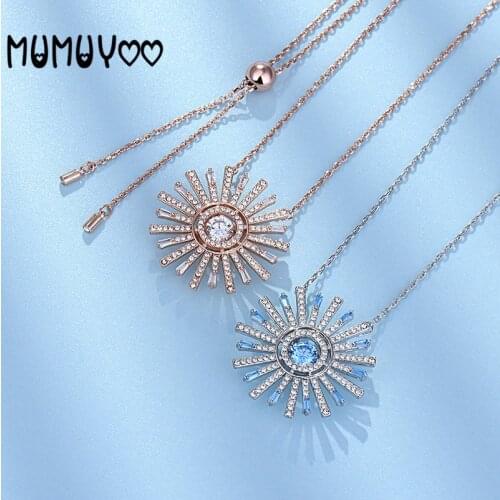 2020 New High Quality Fashion Glamour Blue Tone Beating Heart Sun Flower Crystal Women Pendant Necklace Sweater Chain For Women