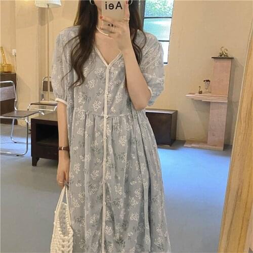 Alien Kitty Summer Florals Dress OL Straight Retro Femme Printing 2021 Chic Party V-Neck Loose Women Vestidos Vintage Long Robe