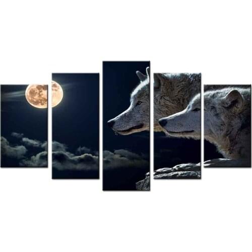 5 Pcs/Set Animal Canvas HD Printing Painting Modern Wolf With Moon Wall Art Picture For Home Decoration Ornamentation