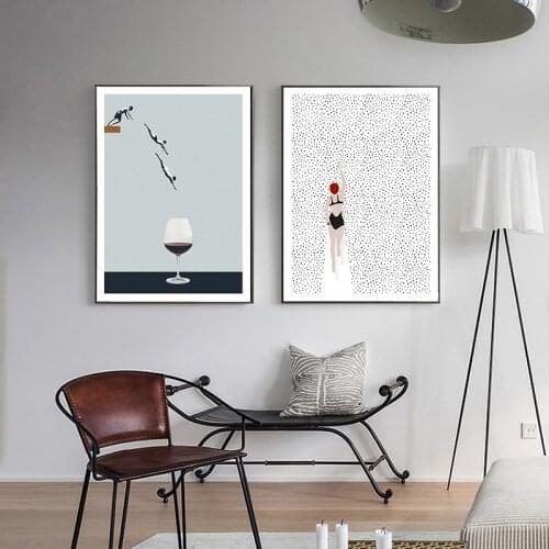 Abstract Nordic Poster Swim Wine Glass Canvas Painting Wall Art Pictures For Living Room Modern Decorative Prins On The Wall