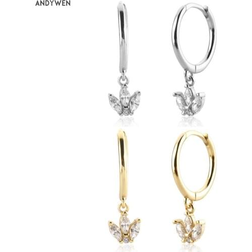 ANDYWEN 925 Sterling Silver Gold Three Zircon Queen Charm Pendiente Drop Earring Clips Piercing Luxury Jewelry For Party Women