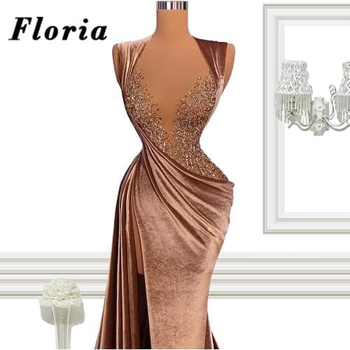 Arabic Dubai Long Evening Dresses Sleeveless Crystals Beaded Prom Dress Women Celebrity Dress 2021 Robes Weddings Party Gowns