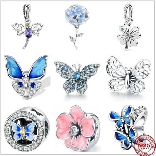 925 Sterling Silver Flower Heart Butterfly Hydrangea Charm Beads Fit Original Pandora charms Bracelet For Women DIY Jewelry