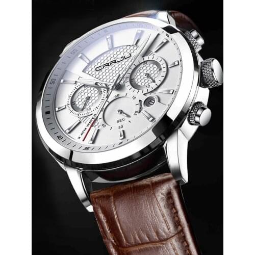 2020 New Mens Watches CRRJU Top Brand Leather Chronograph Waterproof Sport Automatic Date Quartz Watch For Men Relogio Masculino