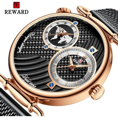 REWARD Rose Gold Mens Quartz Watches Braided Shape Dial Multiple Time Zone Display Black Mesh Belt Waterproof Business Watches