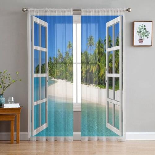 Window View Tropical Island Hawaii Tulle Curtains For Living Room Bedroom Transparent Tulle Curtains Window Drapes Sheer Curtain