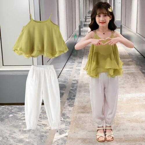 Baby Girl Clothes Summer Kids Fashion Strap Tops and Pants Two Piece Set Children Suit Chiffon Girls Outfits 4 5 8 9 10 12 Years