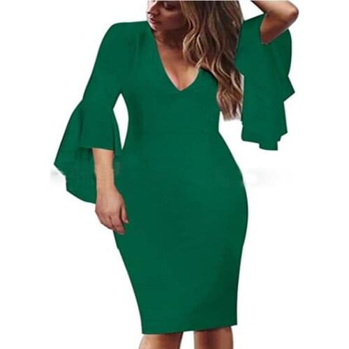 European And Beautiful Women Plus Size Womens Temperament Tight-Fitting Sexy Autumn And Winter Deep V Flared Sleeve Dress 2021