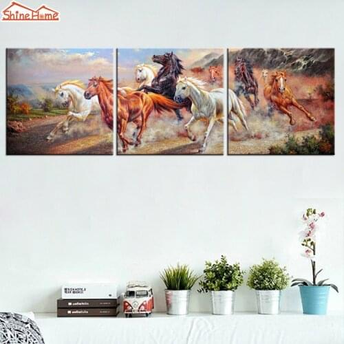 ShineHome-3pcs Wall Art Canvas Prints Oil Paintings Triptych Modular Running Horses Pictures for Living Room Company Decoration