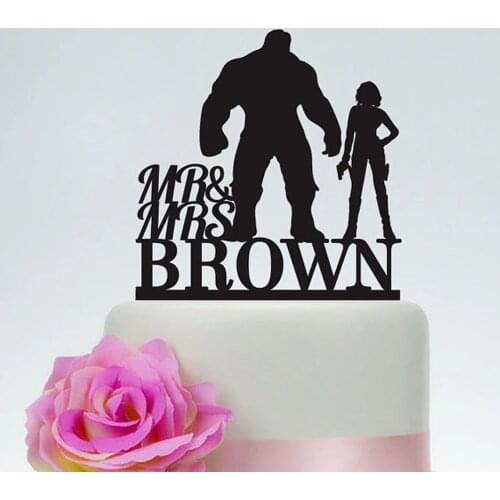 Hulk and Black Widow Wedding Cake Topper,Mr and Mrs Acrylic golg Silver wooden Black Cake Topper,Superhero Wedding Cake Topper