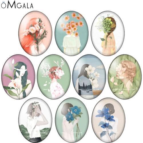 Beauty Girl With flowers Art Illustration Patterns 13x18mm/18x25mm/30x40mm Oval photo glass cabochon flat back Making findings