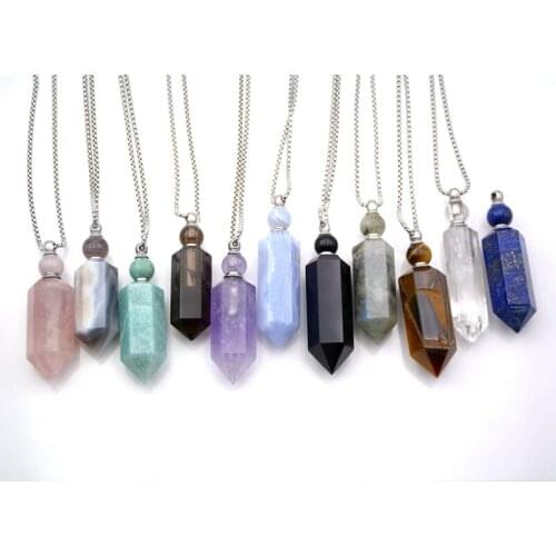 Natural Gems stone Hexagon prism Bottle Pendant smoky quartzs Magical Medicine Bottle Necklace silver plated vial oils diffuser