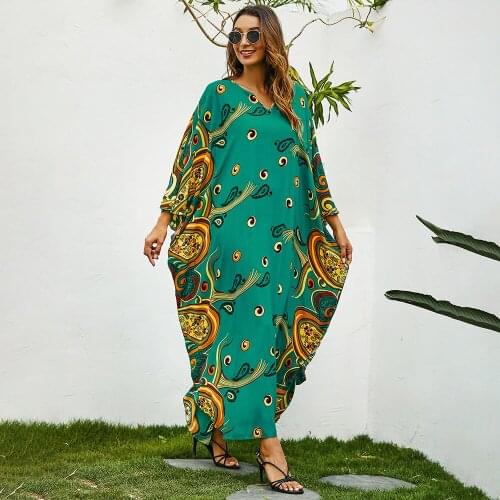 Muslim Ladies Big Swing Long Skirt Turkish Style Print Middle East Long Sleeve Dress 2021 Spring Autumn New Leisure Dubai Abaya