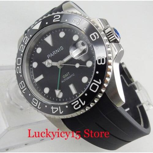 PARNIS Black Automatic Mens Watch With Rubber Strap Silver Watch Case With Date Adjustment Auto Movement GMT Function