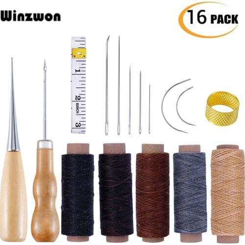 16Pcs Leather Tools Kit Hand Sewing Needles Stitching Awl Waxed Thread Upholstery Carpet Leather Canvas DIY Leatherworking Tools