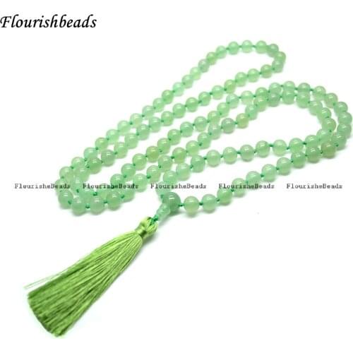 Natural 8mm Green Aventurine Jade 108 Stone Round Beads Tassel Pendant Kontted Mala Prayer Necklace