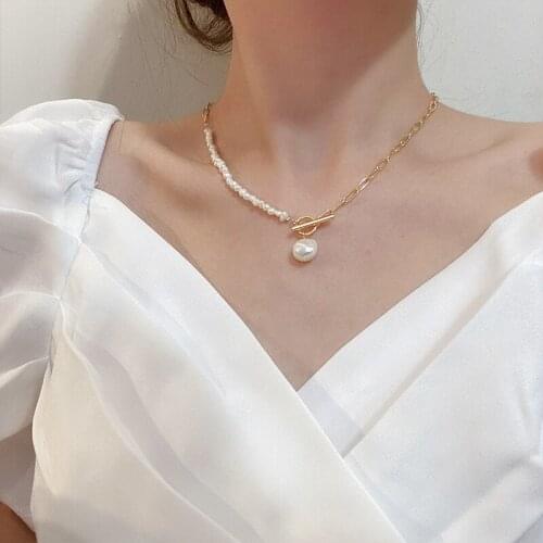 ALLNEWME Vintage Natural Freshwater Pearl Necklace for Women Gold Linked Chain Asymmetric Toggle Clasp Circle Chokers Necklaces