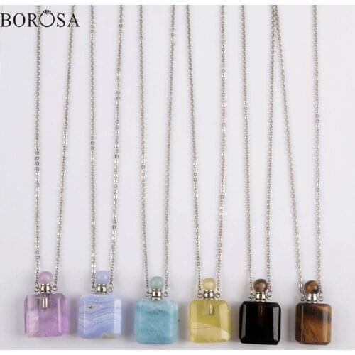 Squre Natural Stone Perfume Bottle Pendant Necklace Silver Plated Essential Oil Diffuser Crystal Necklace for Women WX1614