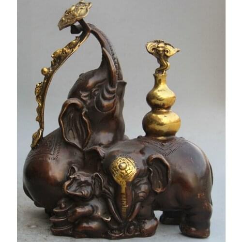 Song voge gem S1692 10" Chinese Bronze Gild Wealth Ru Yi cucurbit three elephant Statue sculpture