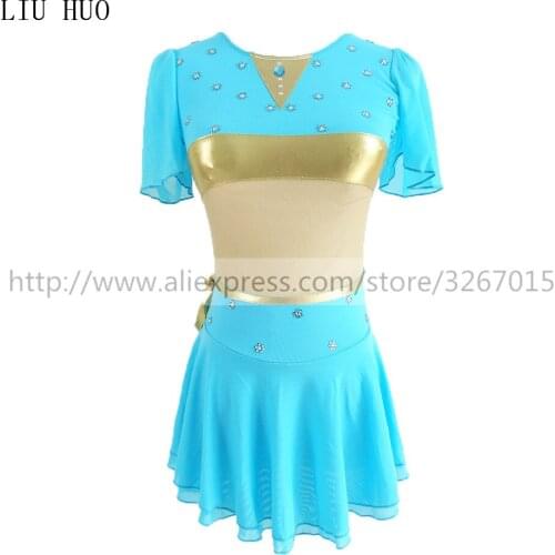 Figure Skating Dress Womens Girls' Ice Skating Dress Roller skating Round neck Short sleeve Sky Plueprincess Handmade Kids