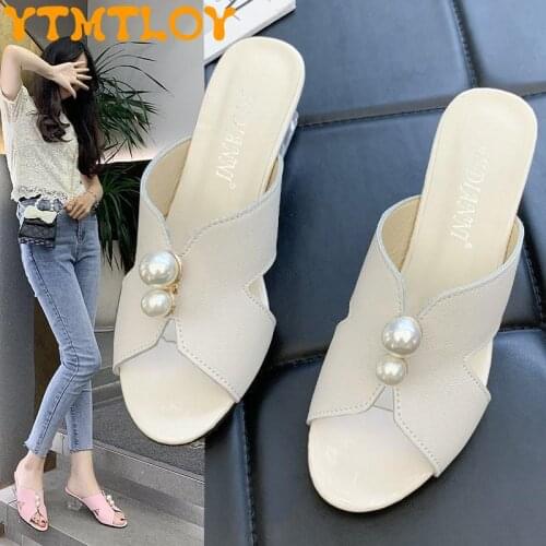 Size 34-43 Large Size Womens Shoes Mid-heel Slippers Female Round Toe Pink Girl Heart High Heels 41 Thick Heel Flip-flops 42