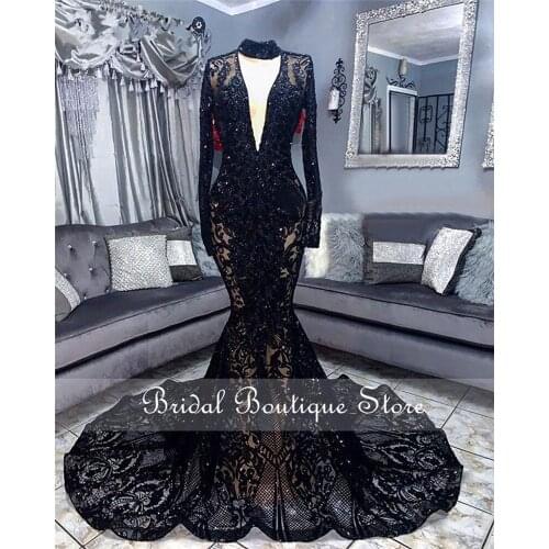 Sexy Long Sleeve Mermaid High Neck Black Sequin African Girls See Through Prom Dresses 2021
