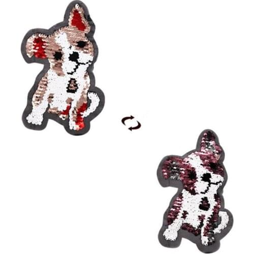 ShinEquin Cute Dog flip the double sided Patches for clothing Diy Reversible change color sequins Patch T-shirt Girl Stickers