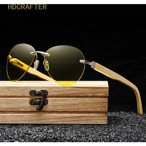 HDCRAFTER Bamboo Wood Rimless Oval Sunglasses Women/Men Brand Design Night Vision SunGlasses Prescription Glasses Frame UV400