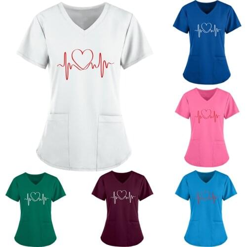 Woman Love Print Short Sleeve Clinical Uniforms Nursing Clothes Summer V-neck Pocket Working Casual Medicine Uniforms Nurse Tops