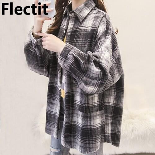 Flectit Fannel Shirt For Women Oversize Long Sleeve Collared Front Pocket Wool Blend Plaid Shacket Overshirt Female Fall Winter