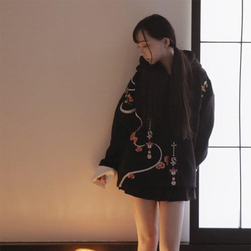 Chinese Style Womens Cool Loose Hooded Sweatshirt Spring Long Sleeve Flower Embroidery Shirt Tops Tee Black & White