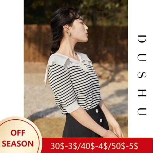 DUSHU Navy Collar Retro Knitted T-shirt 2021 Summer New Black White Striped Five-point Sleeve T-shirt Tops For Women