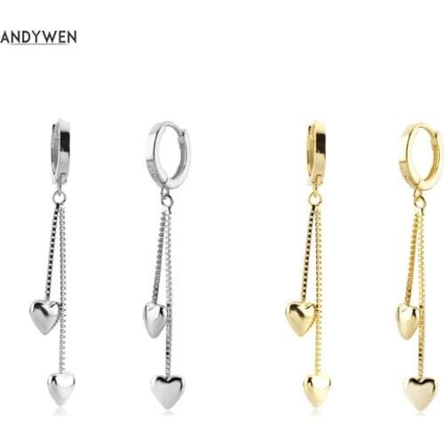 ANDYWEN 925 Sterling Silver Two Chain Heart Drop Earring Women Fashion Fine Jewelry Clips Female Classic Wedding Rock Punk Party