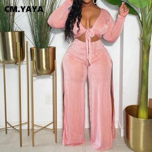 CM.YAYA Velvet Women Two 2 Piece Set Tie Up Mini Blouse and High Slit Straight Pants Matching Set Outfits Tracksuit Sweatsuit