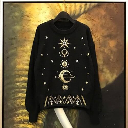 Autumn Winter Female Cosmic Space Pattern Long Sleeves O-neck Knitted Pullover High Quality Women Sweater Jumper Runway Tops