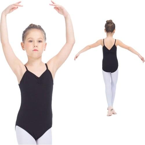 Girls Bodysuit Black Cotton/Lycra Camisole Leotard with Pinch Front V Back for Kids Practice Ballet Dance