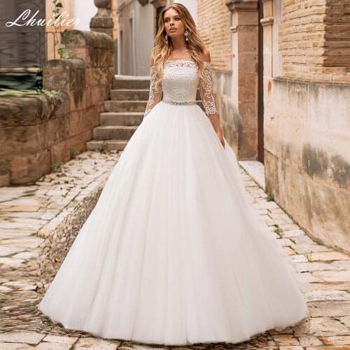 Lhuilier Womens A Line Boat Neck Tulle Wedding Dresses Half Sleeves Floor Length Lace Appliques Bridal Gowns with Belt