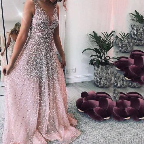 Kayars Beading Prom Dresses 2020 A Line V Neck Spaghetti Strap Floor To Length Women Sparkly Amazing Evening Formal Gowns Long