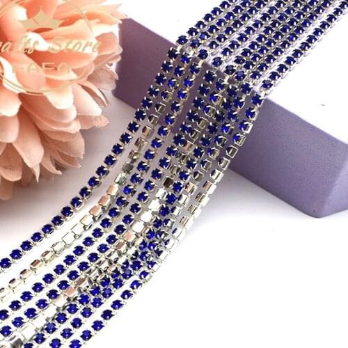 5 Yards Silver Base Royal Blue Color Glass Rhinestones Chain for DIY Decoration