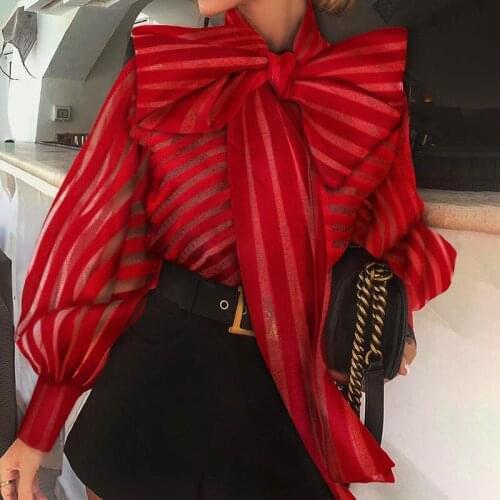 Australia Transparent Blouse Womens 2021 Summer Fashion Texture Ladies Mesh Striped Niche Design Red Blouse Shirts