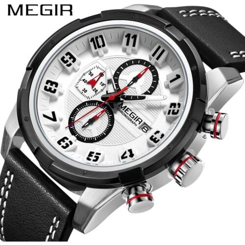MEGIR Mens Watches Top Brand Luxury Men Military Sport Wristwatch Leather Waterproof Chronograp Quartz Watch Erkek Saat 2082G