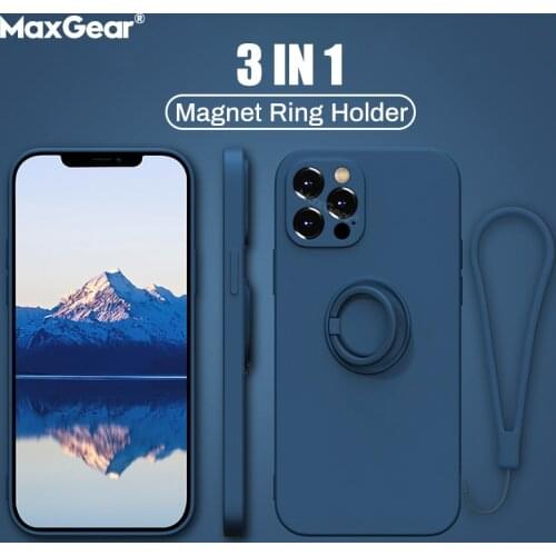 Luxury Magnetic Stand Holder Liquid Silicone Case For iPhone 12 Mini 11 Pro XR Xs Max SE2 6S 7 8 Plus Soft Ring Cover With Strap