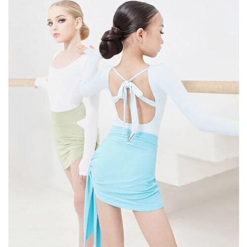Children Latin Dance Costume Long Sleeves Tops Back Strap Bodsyuit Girls Gymnastics Perofrmance Ballroom Dance Shirts DNV15301
