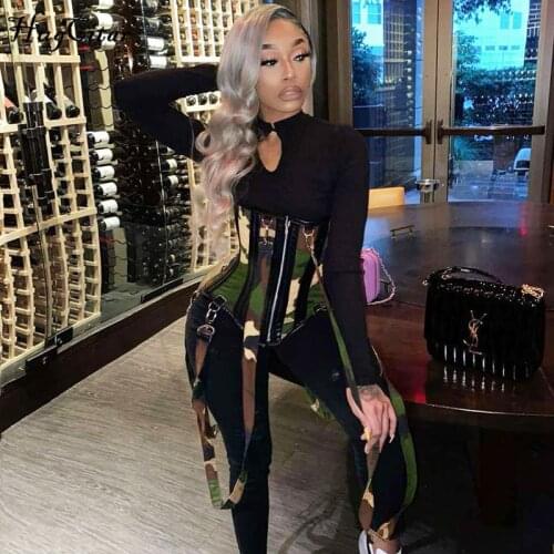 Hugcitar 2020 Long Sleeve Jumpsuit With Corset CamouflageAutumn Winter Women Fashion Streetwear Outfits Bodycon Patchwork Romper