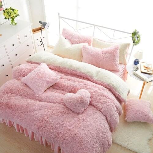 Princess style White Pink Fleece Bedding set Twin Queen King size Girls Bed set Duvet cover Bedlinen Bed skirt set parure de lit