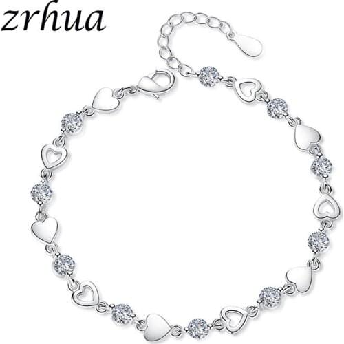 ZRHUA Original Silver 925 Crystal Heart Bracelet with Clear AAA+ Zircon Stone Charm Bracelet Bangle for Women Female Jewellery