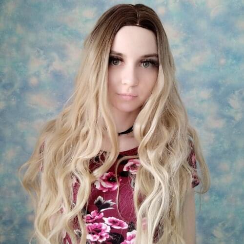 Long Wavy Wig Without Bangs Blonde Mix Ombre Natural Curly Synthetic Heat Resistant Water Wave Colorful Costume Cosplay Wigs
