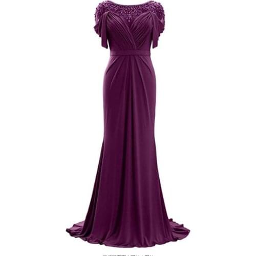 YNQNFS floor length round neck wine red bride mother dress beaded short sleeve knitted formal evening dress wedding guest dress